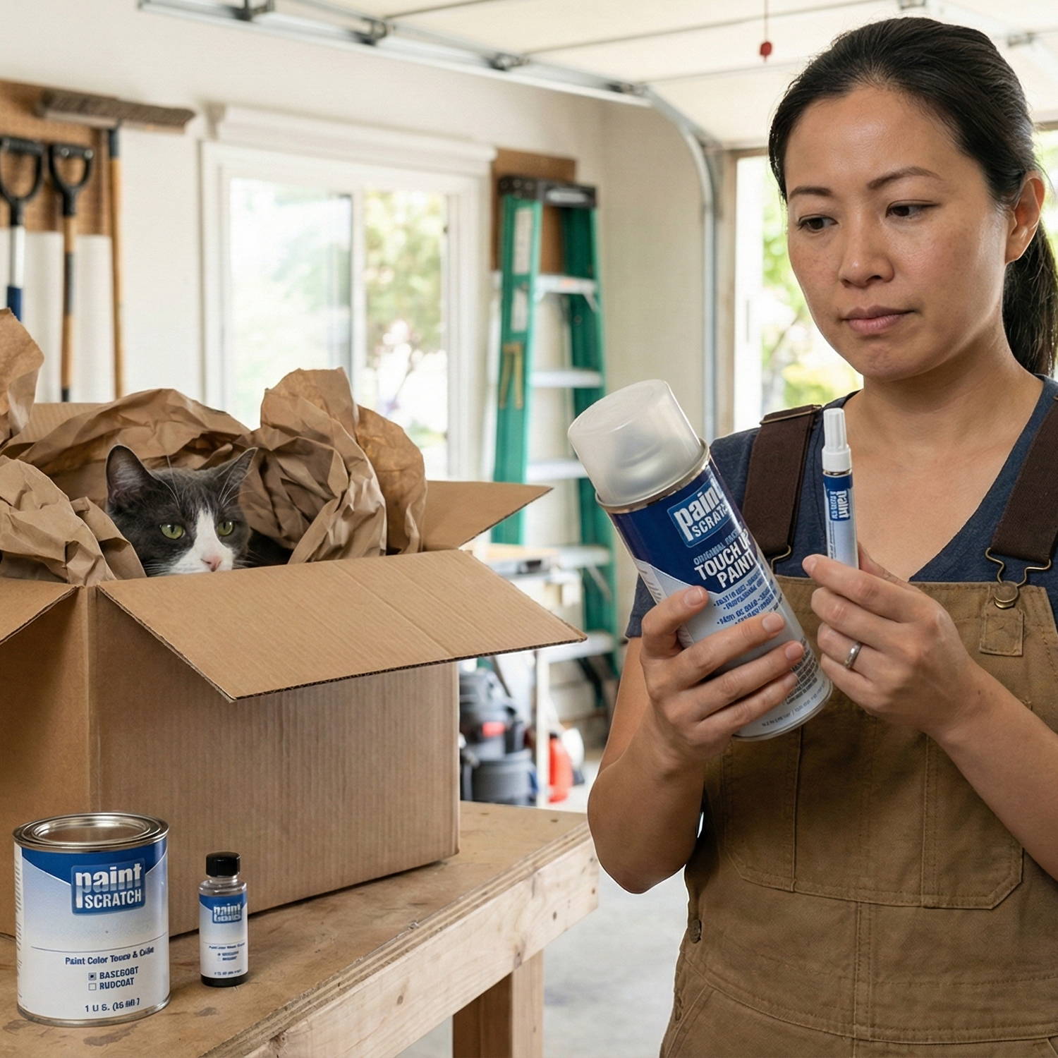 Woman in a workshop holding a few Paintscratch products with a cat in a box on a workbench.
