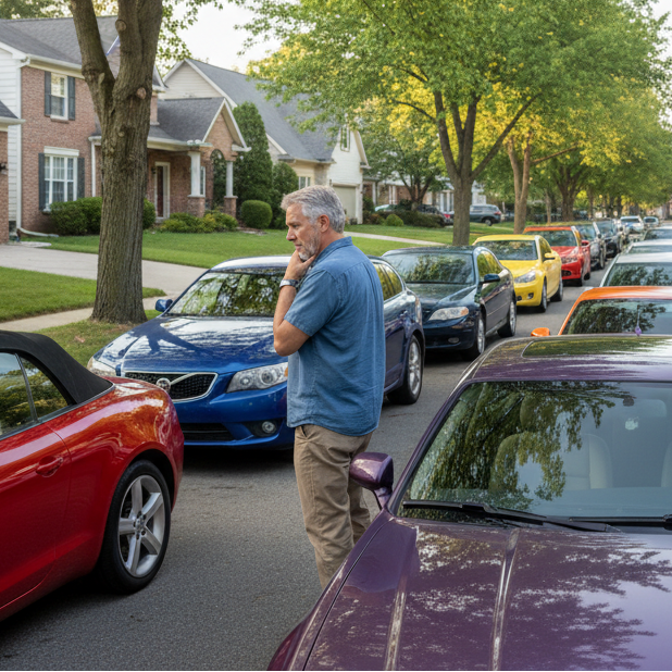 make him looking at the cars, not away