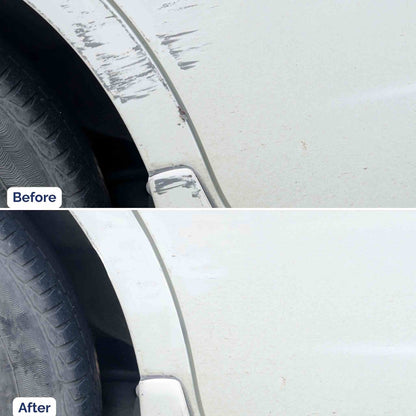 Before and after comparison showing a car fender with paint scuffs repaired using a PaintScratch touch up paint pen.