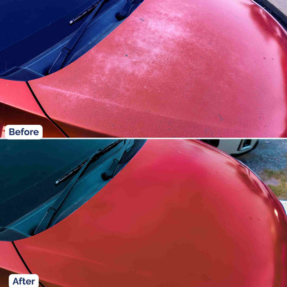 Before and after comparison showing a faded, oxidized red hood restored using PaintScratch spray paint and clearcoat.